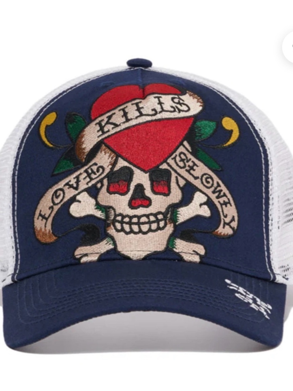 Ed Hardy Navy & White Trucker Hat with Heart & Skull Patch